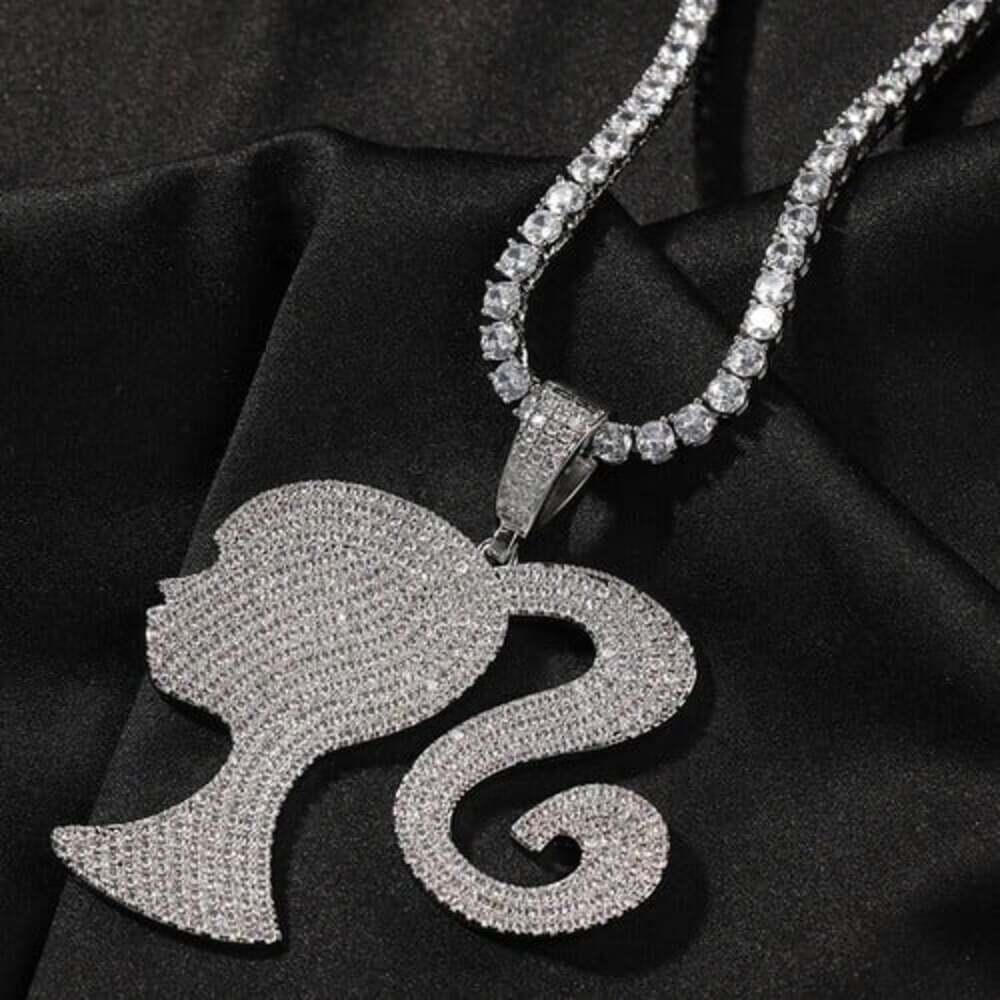 Barbie Necklace, Iced Out Doll Head Necklace , Barbie Tennis Necklace